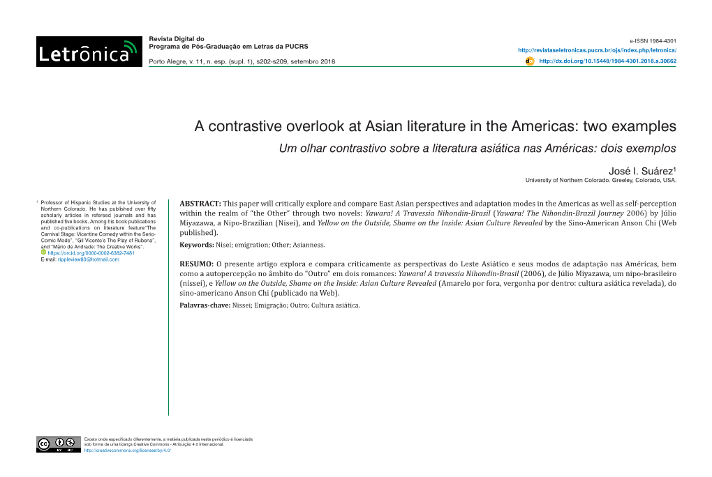 A Contrastive Overlook at Asian Literature in the Americas: Two Examples Um Olhar Contrastivo Sobre a Literatura Asiática Nas Américas: Dois Exemplos