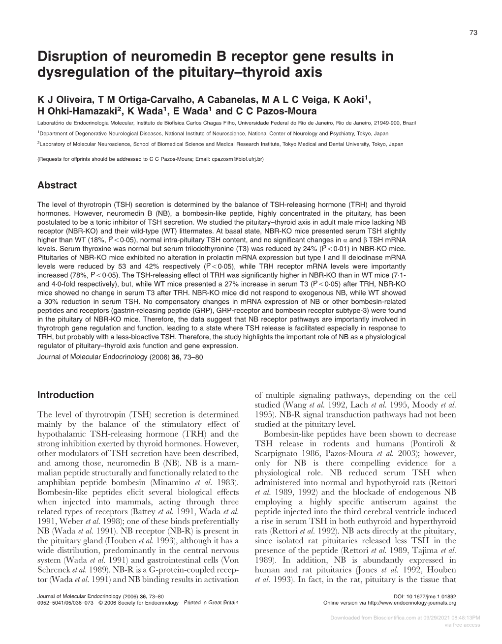 Disruption of Neuromedin B Receptor Gene Results in Dysregulation of the Pituitary–Thyroid Axis