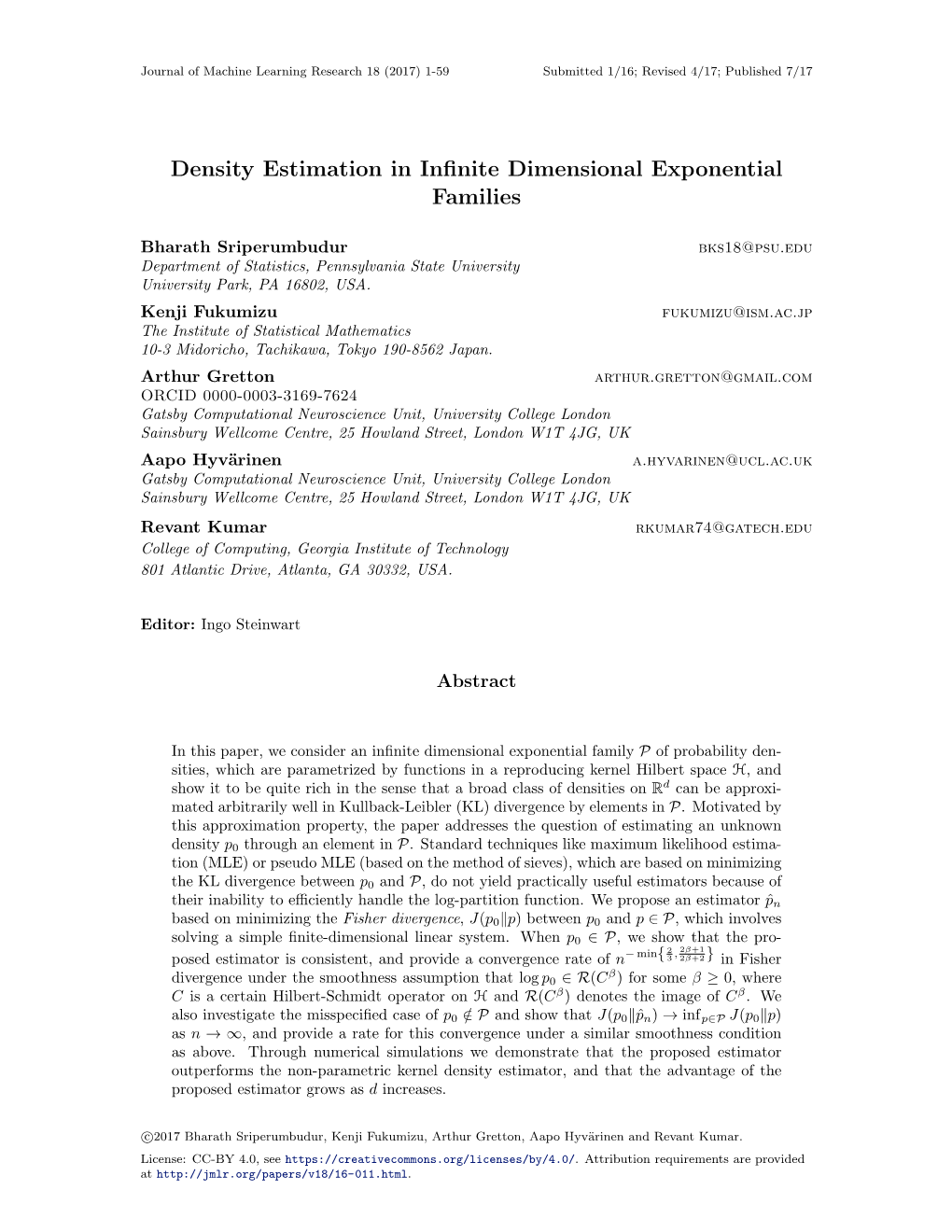 Density Estimation in Infinite Dimensional Exponential Families