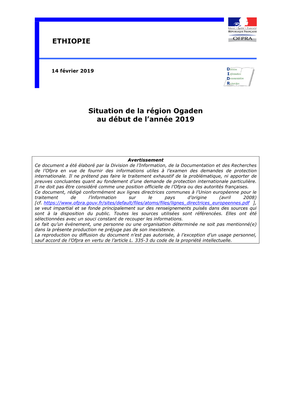 Situation De La Région Ogaden Au Début De L'année 2019 ETHIOPIE