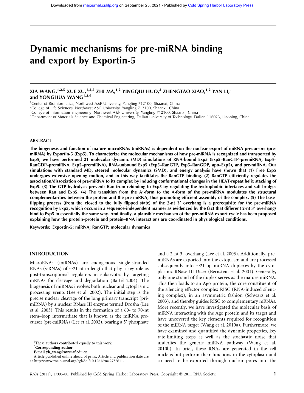 Dynamic Mechanisms for Pre-Mirna Binding and Export by Exportin-5