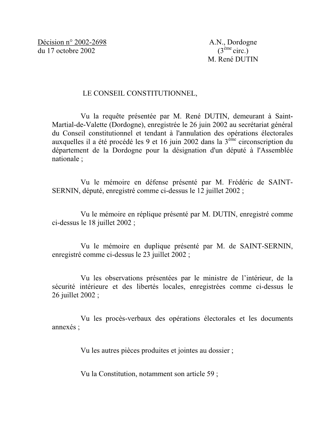 Décision N° 2002-2698 A.N., Dordogne Du 17 Octobre 2002 (3Ème Circ.) M