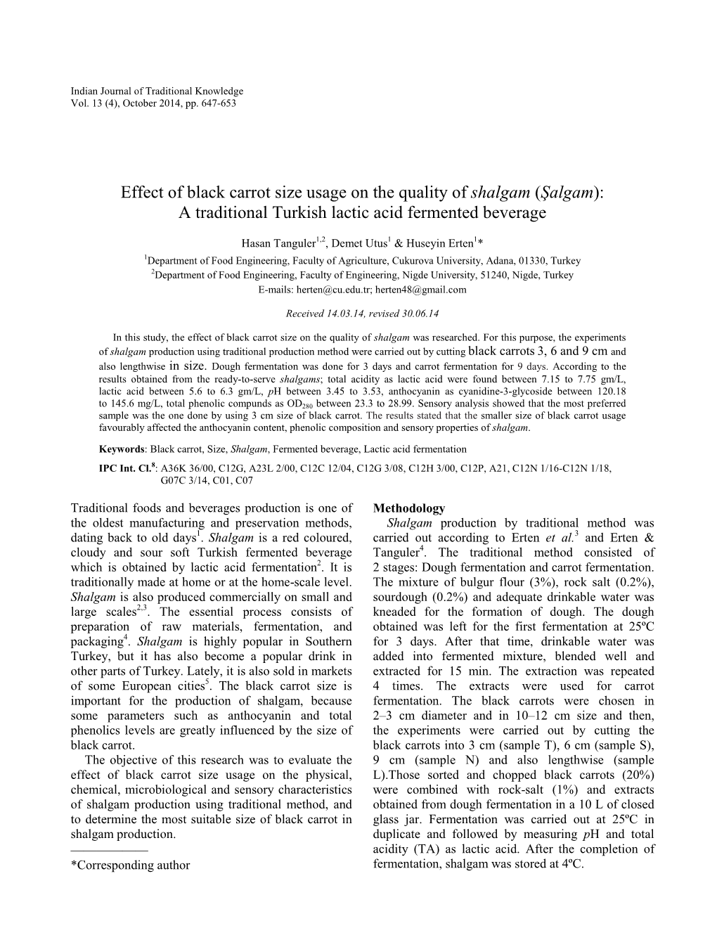 Effect of Black Carrot Size Usage on the Quality of Shalgam (Şalgam): a Traditional Turkish Lactic Acid Fermented Beverage