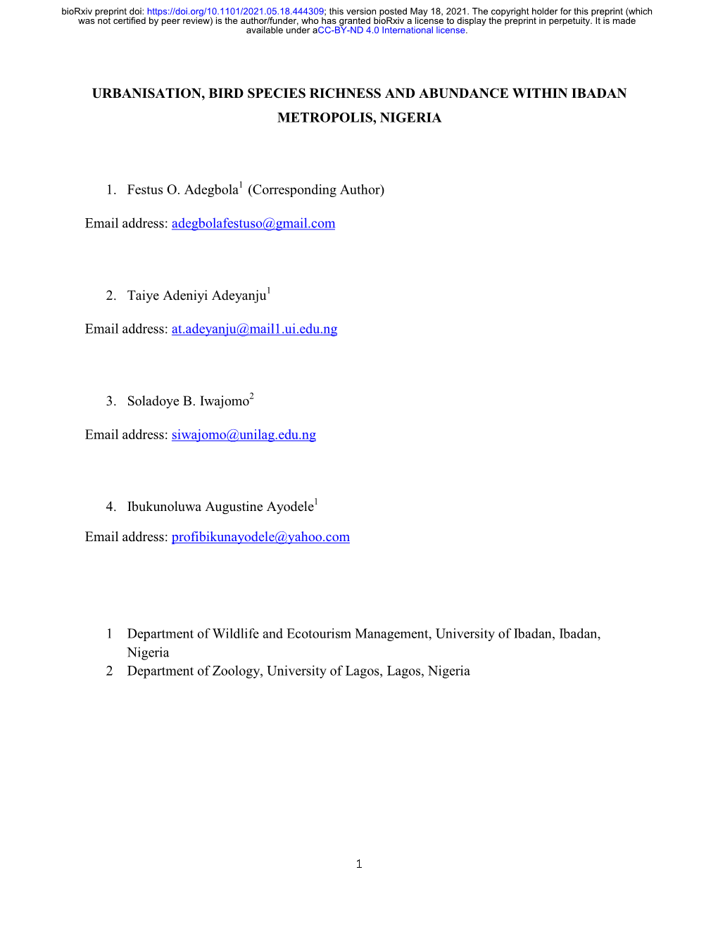 Urbanisation, Bird Species Richness and Abundance Within Ibadan Metropolis, Nigeria