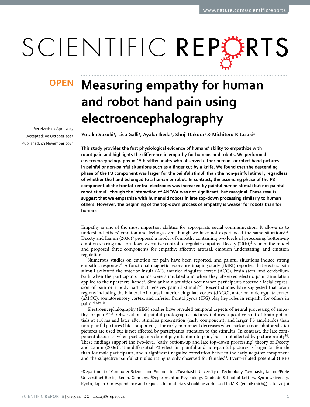 Measuring Empathy for Human and Robot Hand Pain Using