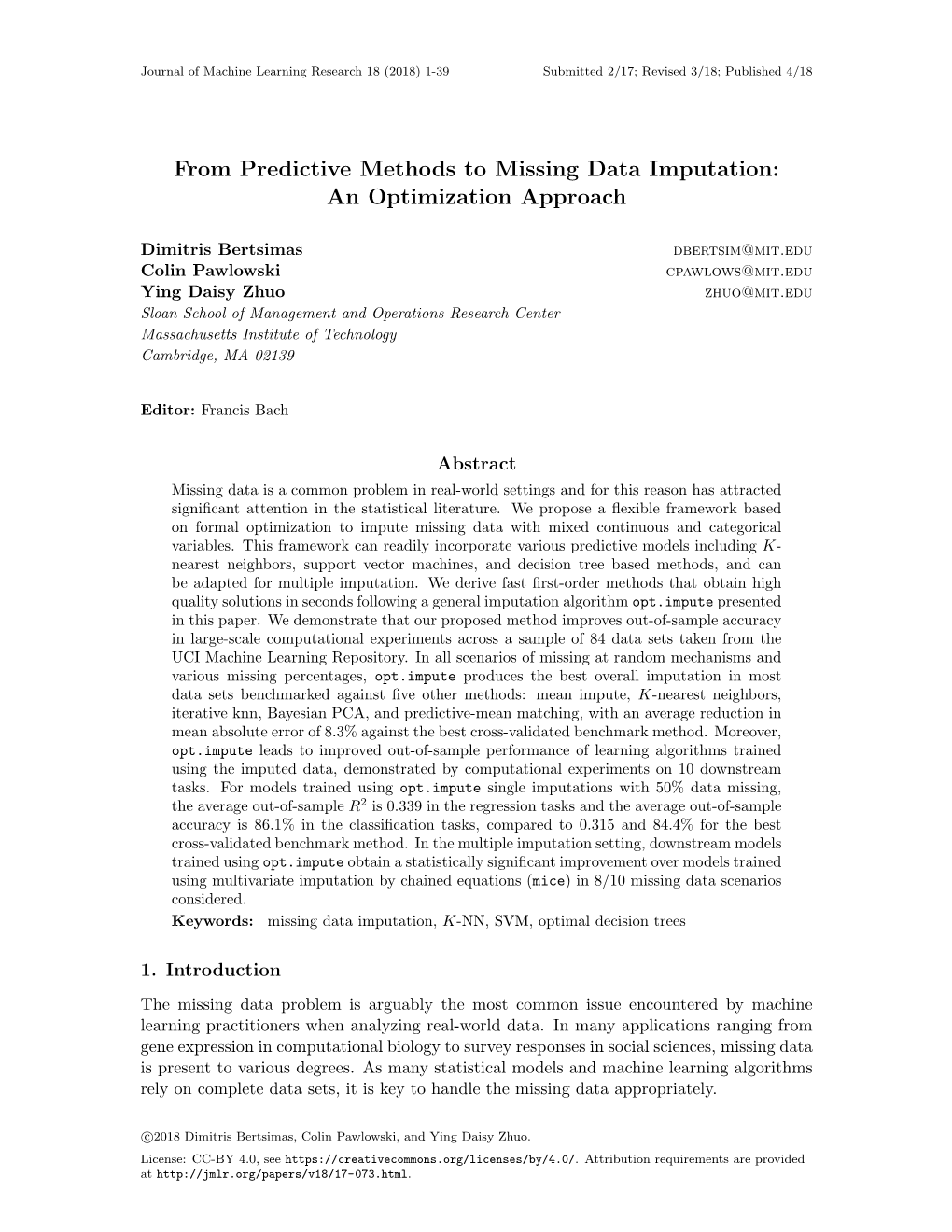 From Predictive Methods to Missing Data Imputation: an Optimization Approach