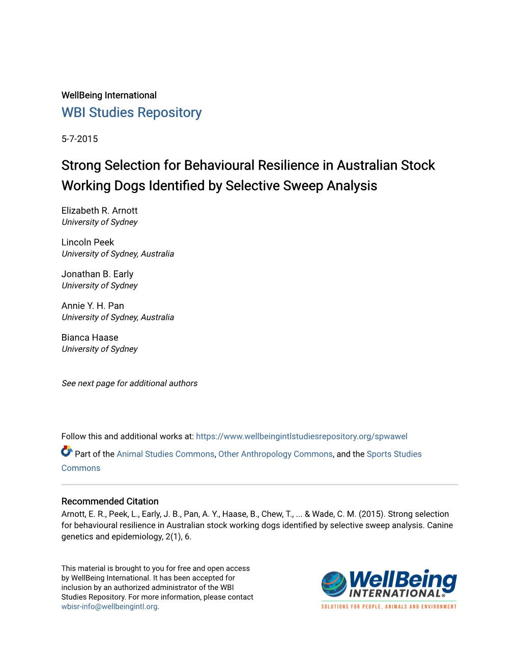Strong Selection for Behavioural Resilience in Australian Stock Working Dogs Identified Yb Selective Sweep Analysis