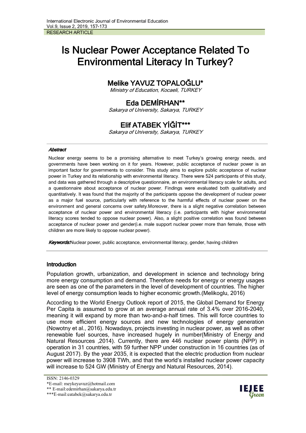 Is Nuclear Power Acceptance Related to Environmental Literacy in Turkey?