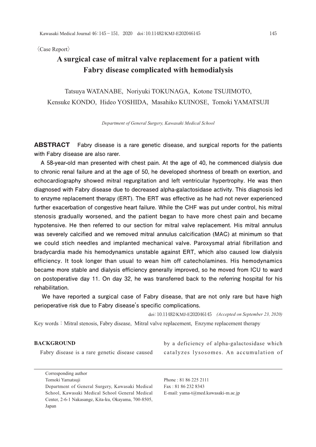 A Surgical Case of Mitral Valve Replacement for a Patient with Fabry Disease Complicated with Hemodialysis