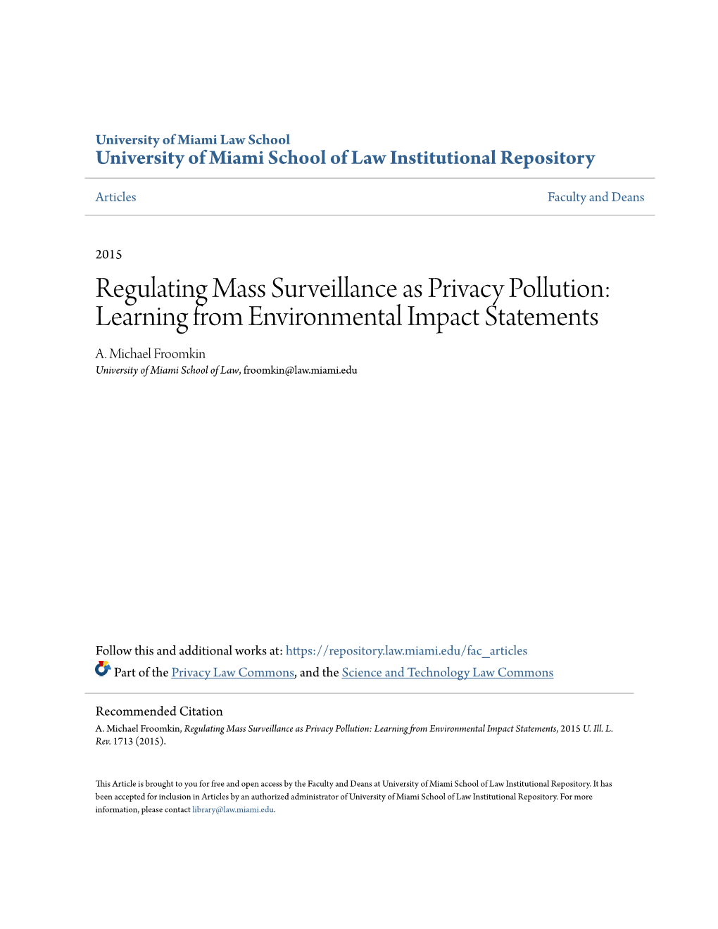 Regulating Mass Surveillance As Privacy Pollution: Learning from Environmental Impact Statements A