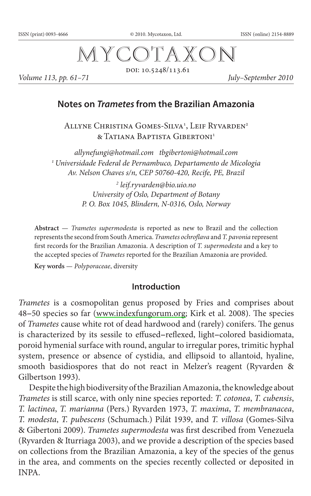 Notes on <I>Trametes</I> from the Brazilian Amazonia