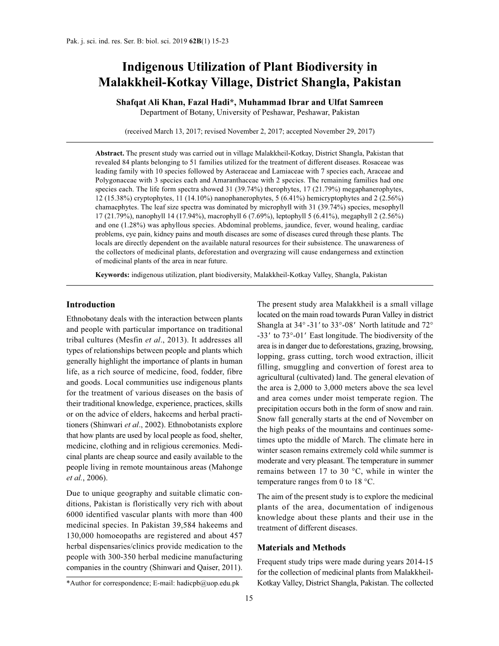 Indigenous Utilization of Plant Biodiversity in Malakkheil-Kotkay