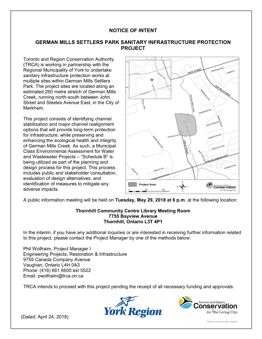 Notice of Intent German Mills Settlers Park Sanitary Infrastructure