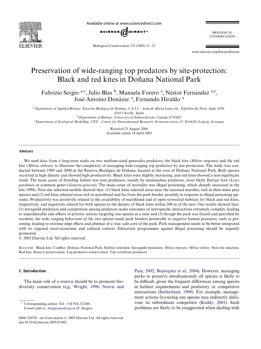 Preservation of Wide-Ranging Top Predators by Site-Protection: Black and Red Kites in Doñana National Park