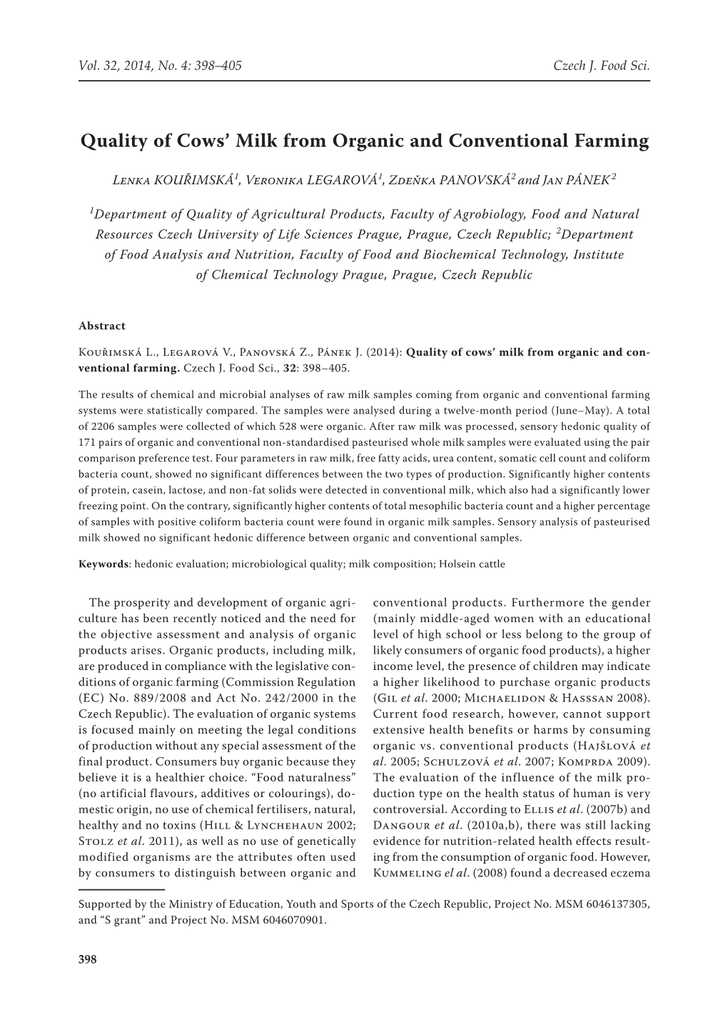 Quality of Cows' Milk from Organic and Conventional Farming