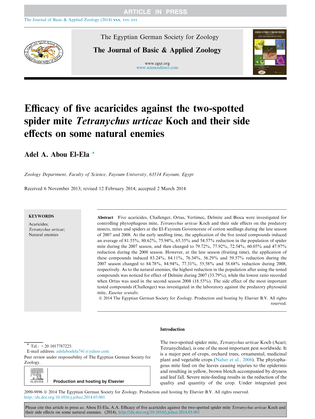 Efficacy of Five Acaricides Against the Two-Spotted Spider Mite