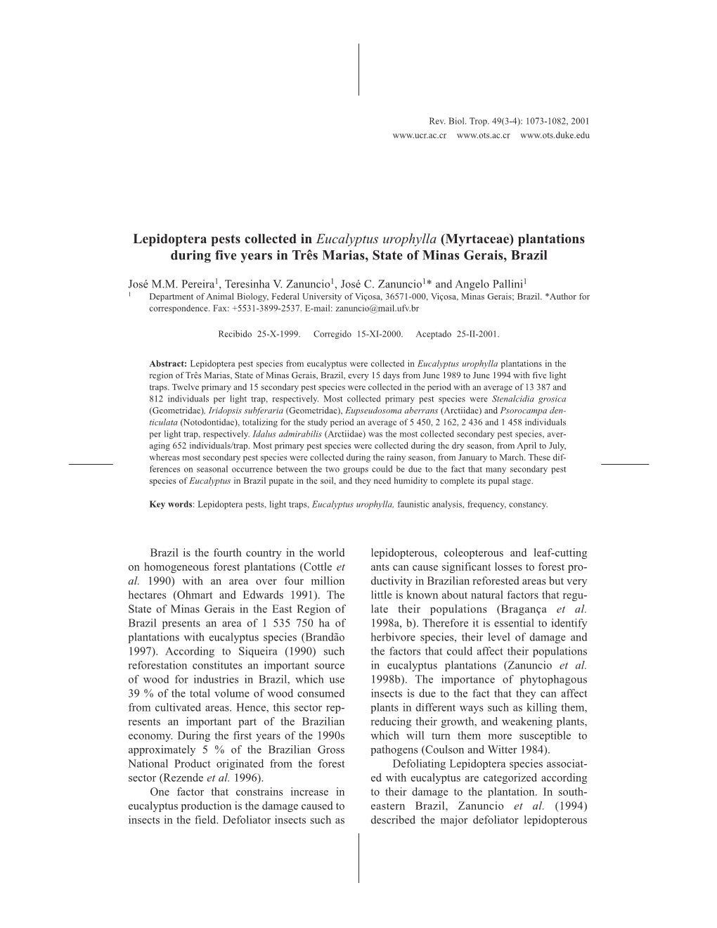 Lepidoptera Pests Collected in Eucalyptus Urophylla (Myrtaceae) Plantations During Five Years in Três Marias, State of Minas Gerais, Brazil