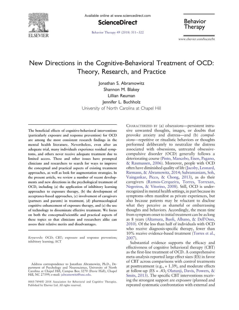 New Directions in the Cognitive-Behavioral Treatment of OCD: Theory, Research, and Practice