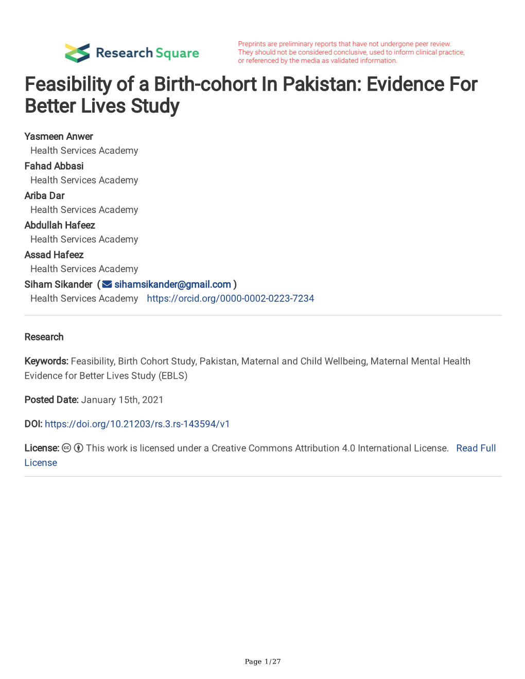 Feasibility of a Birth-Cohort in Pakistan: Evidence for Better Lives Study