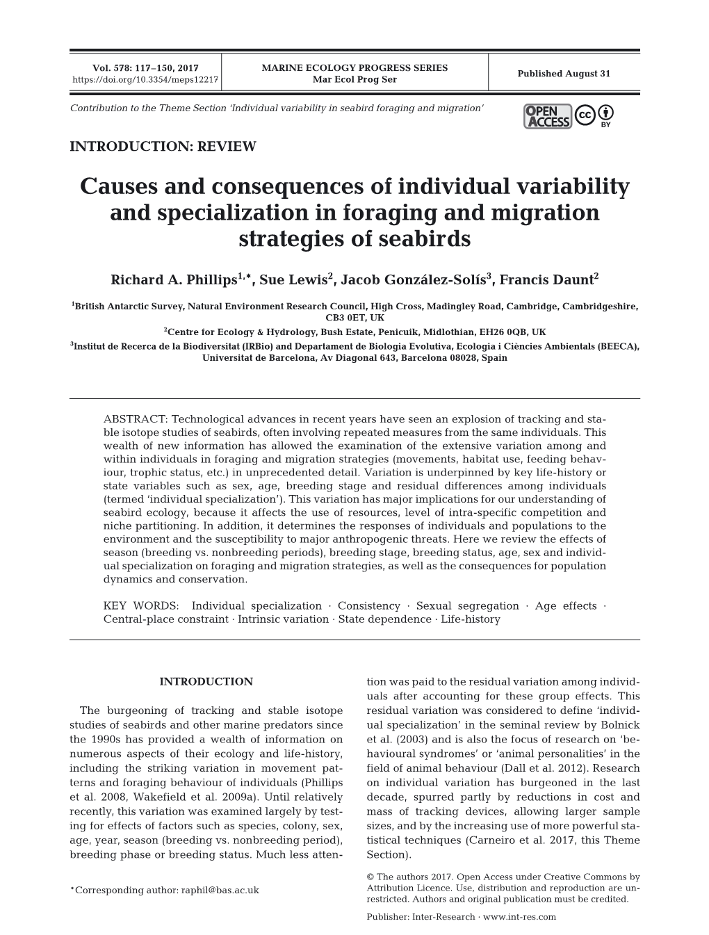 Causes and Consequences of Individual Variability and Specialization in Foraging and Migration Strategies of Seabirds
