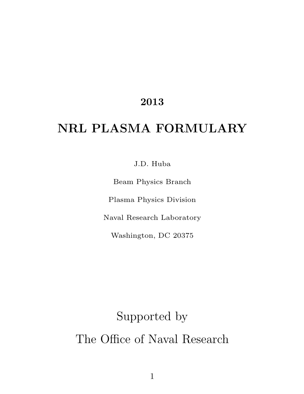 NRL PLASMA FORMULARY Supported by the Office of Naval