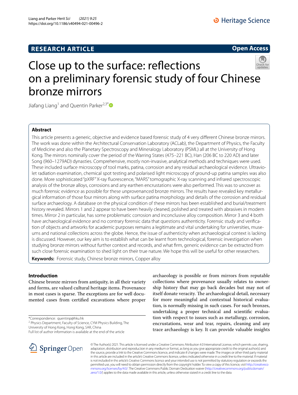 Reflections on a Preliminary Forensic Study of Four Chinese Bronze Mirrors