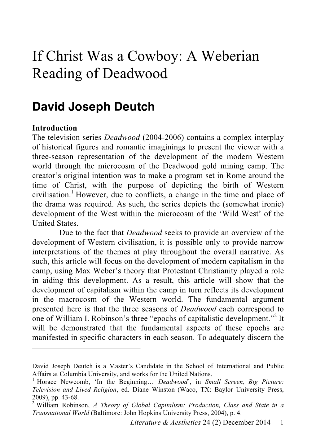 If Christ Was a Cowboy: a Weberian Reading of Deadwood