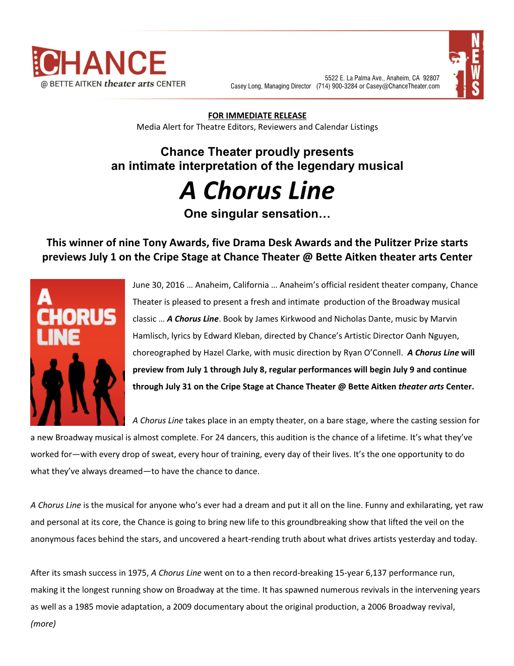 A Chorus Line One Singular Sensation…