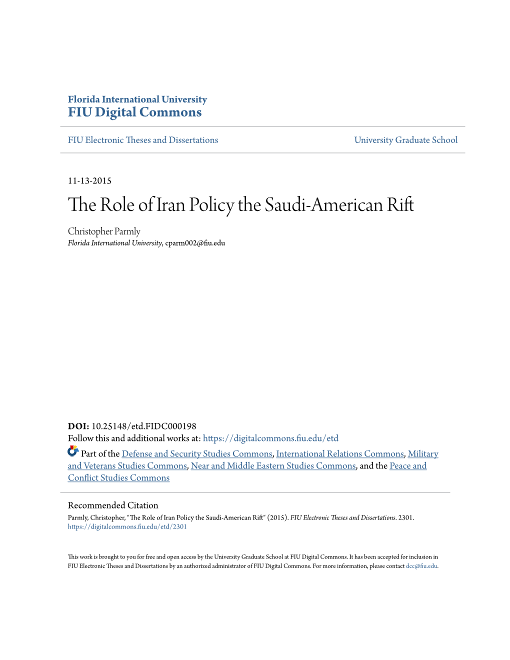 The Role of Iran Policy the Saudi-American Rift Christopher Parmly Florida International University, Cparm002@Fiu.Edu