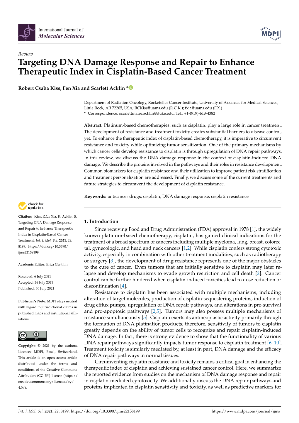 Targeting DNA Damage Response and Repair to Enhance Therapeutic Index in Cisplatin-Based Cancer Treatment
