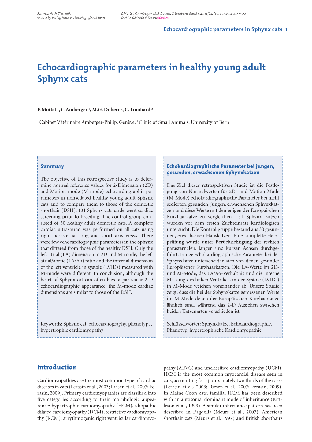 Echocardiographic Parameters in Healthy Young Adult Sphynx Cats