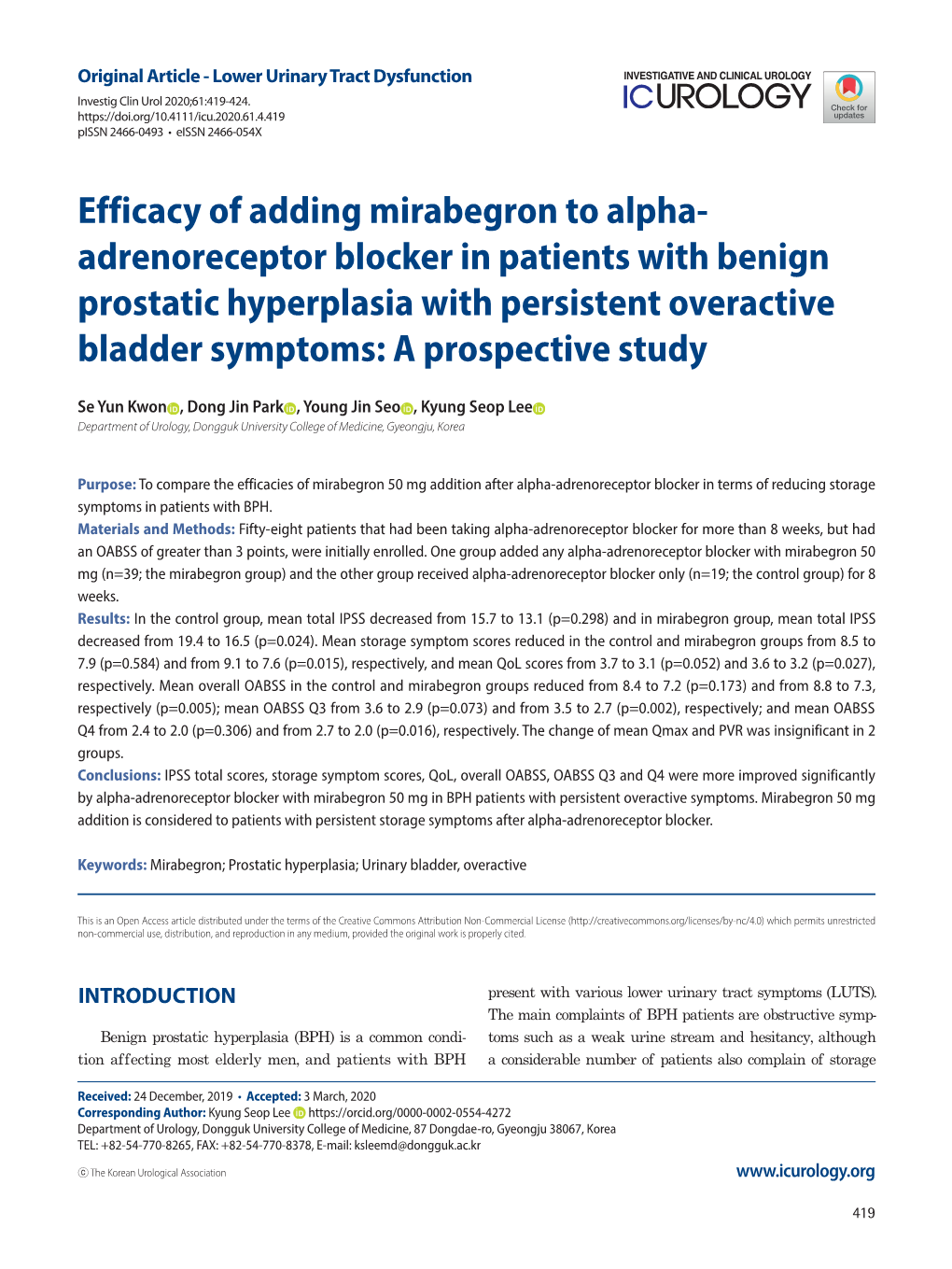 Adrenoreceptor Blocker in Patients with Benign Prostatic Hyperplasia with Persistent Overactive Bladder Symptoms: a Prospective Study