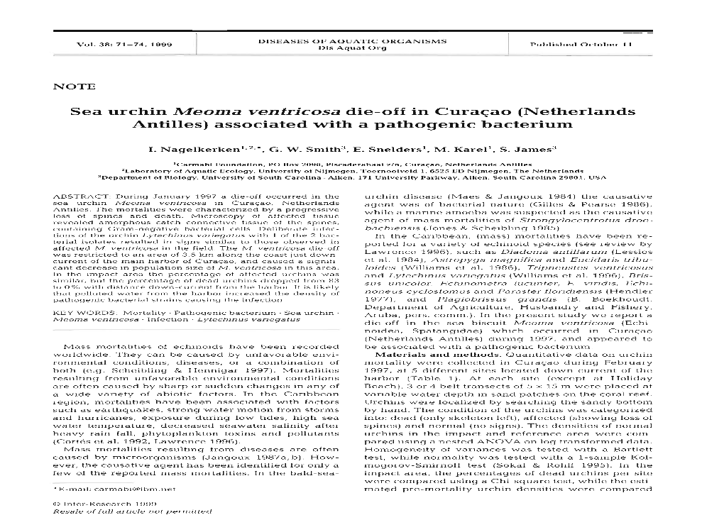 Sea Urchin Meoma Ventricosa Die-Off in Cura~Ao(Netherlands Antilles) Associated with a Pathogenic Bacterium