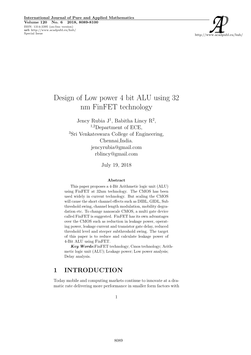 Design of Low Power 4 Bit ALU Using 32 Nm Finfet Technology