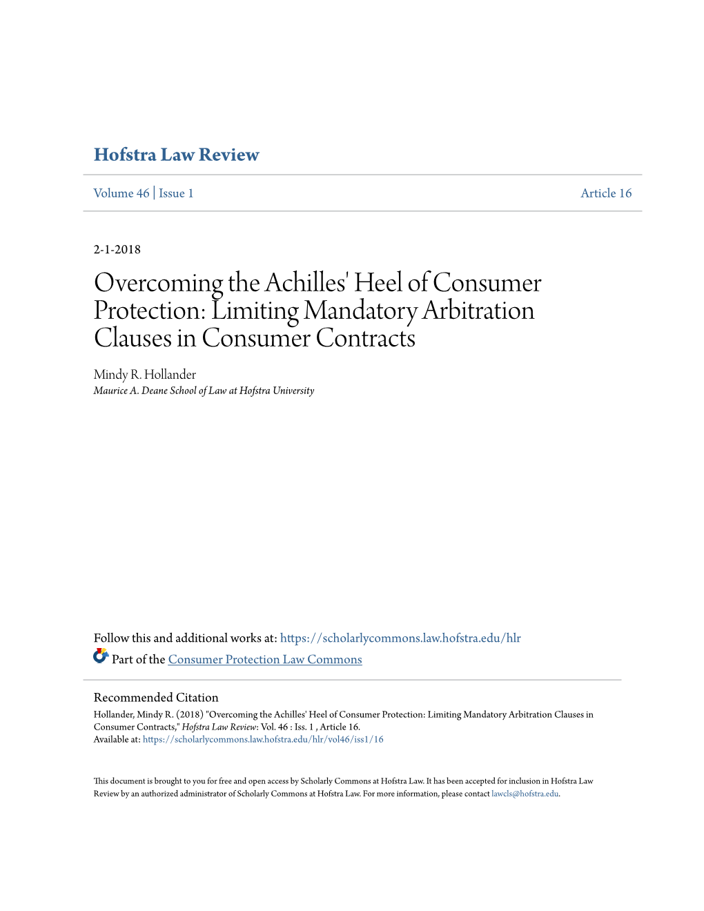 Limiting Mandatory Arbitration Clauses in Consumer Contracts Mindy R