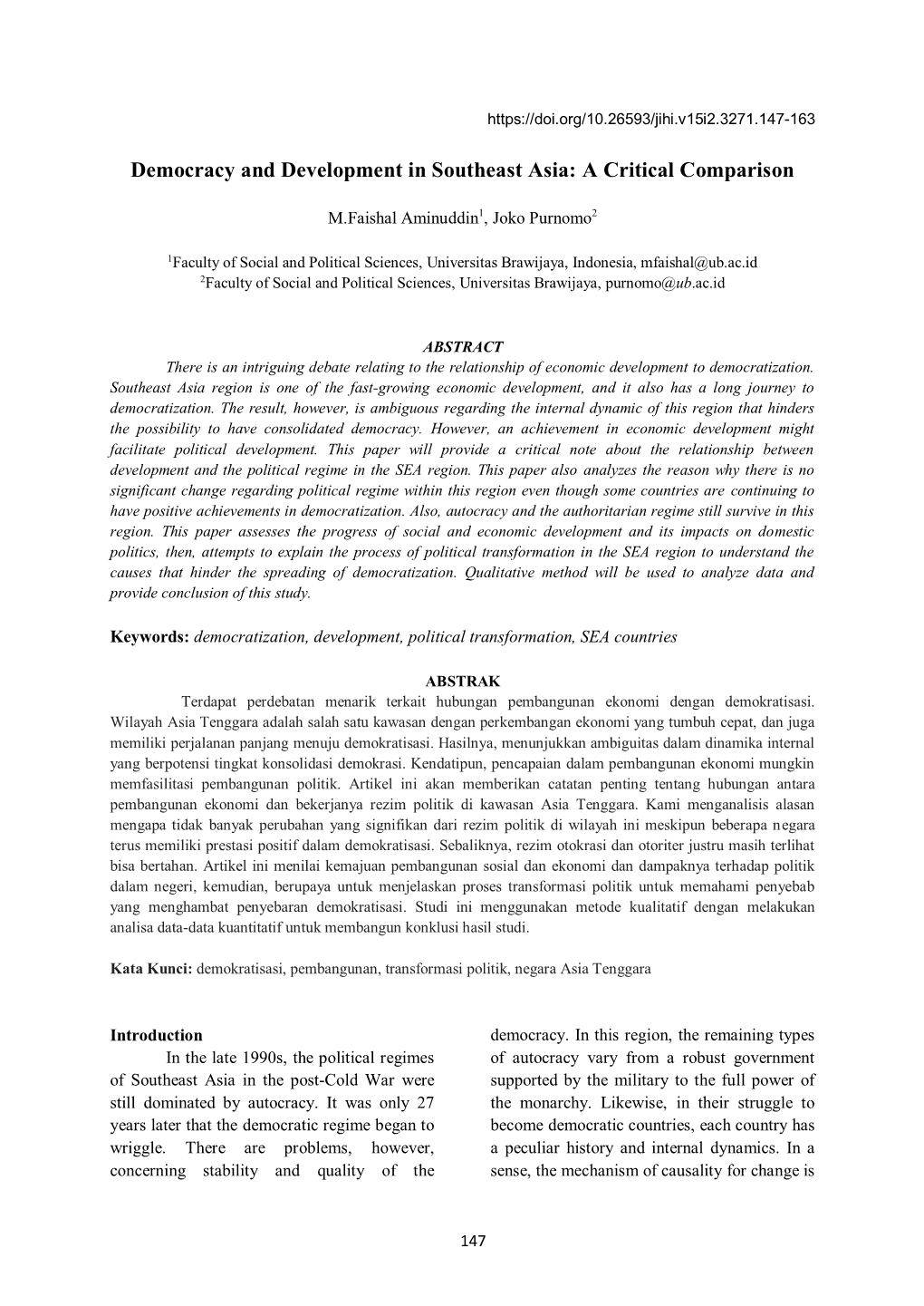 Democracy and Development in Southeast Asia: a Critical Comparison