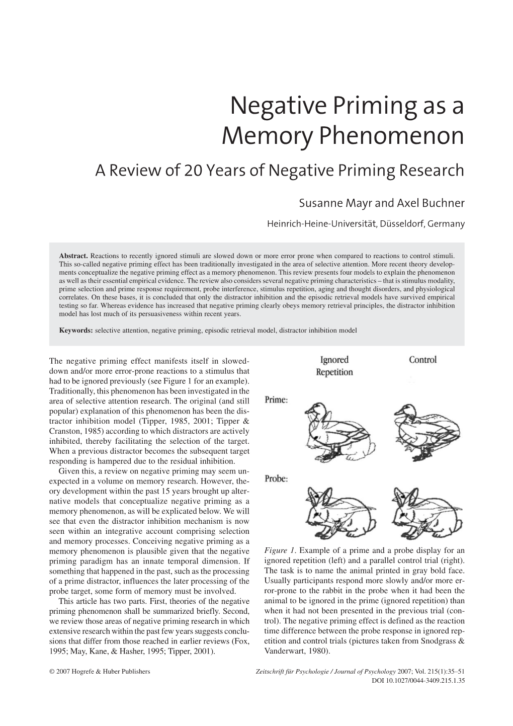 Negative Priming As a Memory Phenomenon a Review of 20 Years of Negative Priming Research