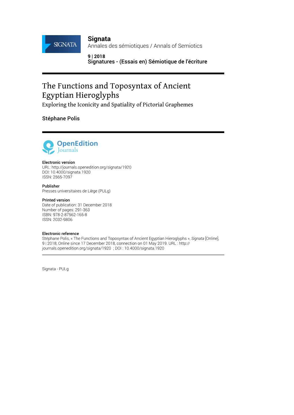 The Functions and Toposyntax of Ancient Egyptian Hieroglyphs Exploring the Iconicity and Spatiality of Pictorial Graphemes