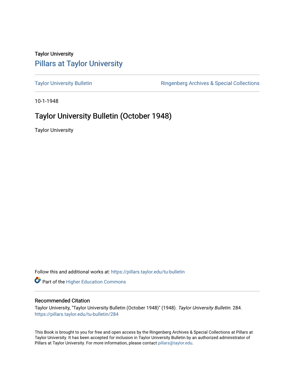 Taylor University Bulletin (October 1948)