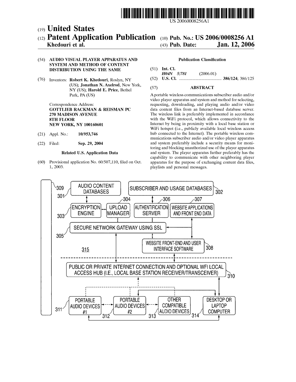 (12) Patent Application Publication (10) Pub. No.: US 2006/0008256A1 Khedouri Et Al