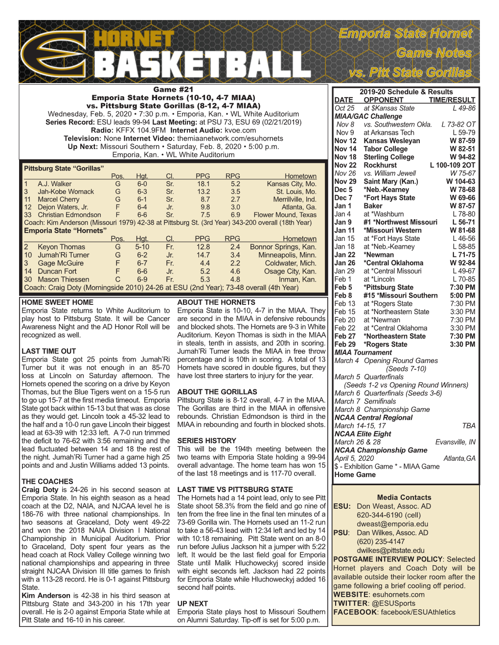 Emporia State Hornet Game Notes Vs. Pitt State Gorillas