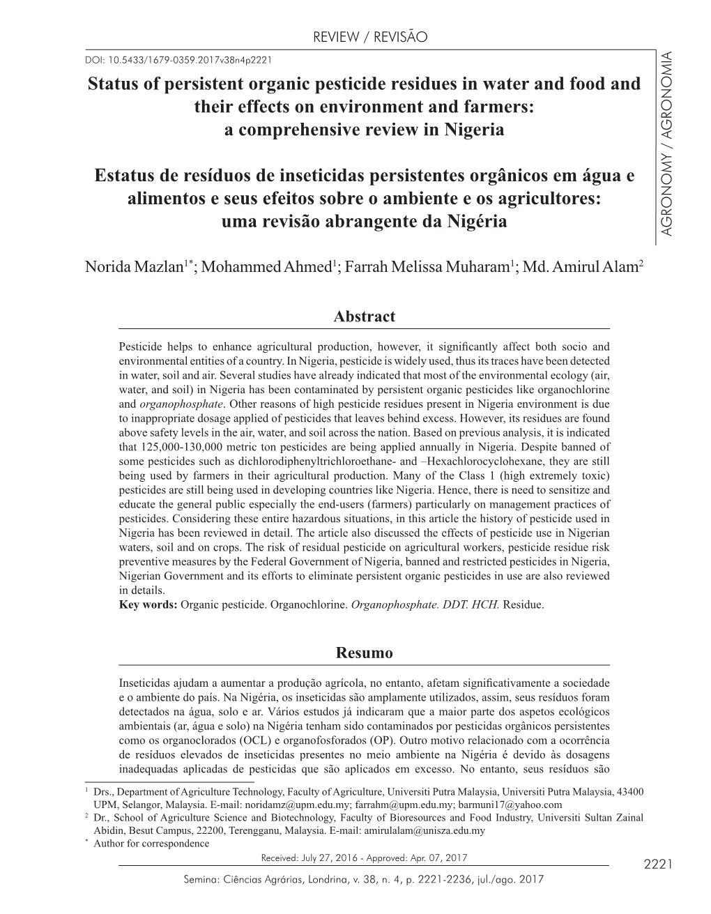 Status of Persistent Organic Pesticide Residues in Water and Food and Their Effects on Environment and Farmers: a Comprehensive Review in Nigeria