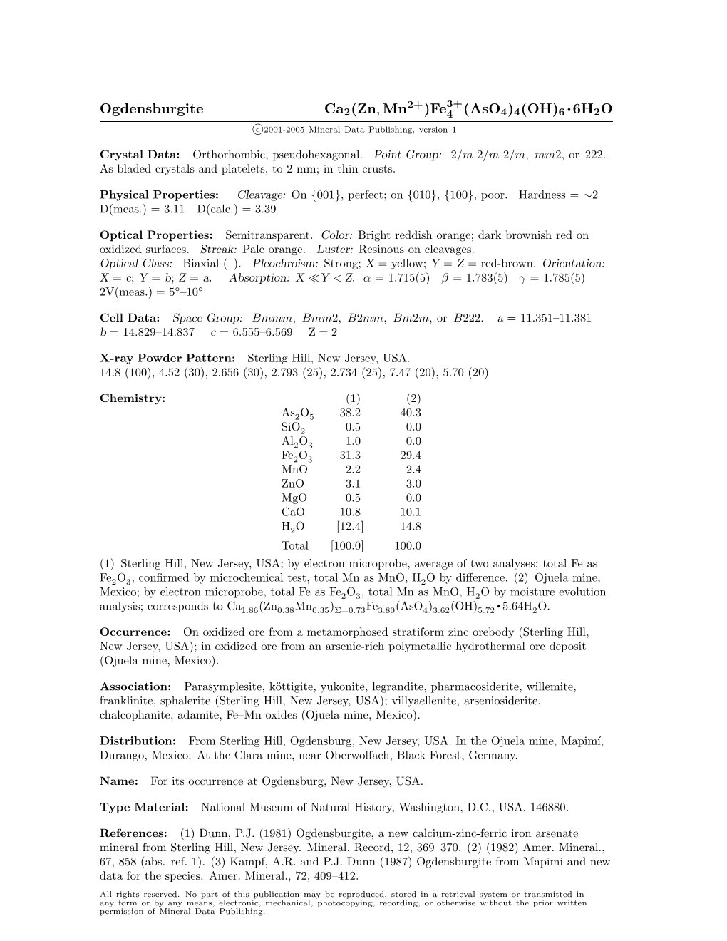 Ogdensburgite Ca2(Zn,Mn2+)Fe (Aso4)4(OH)