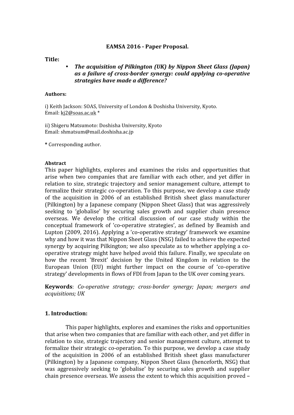 EAMSA 2016 -‐ Paper Proposal. Title: • the Acquisition of Pilkington (UK)