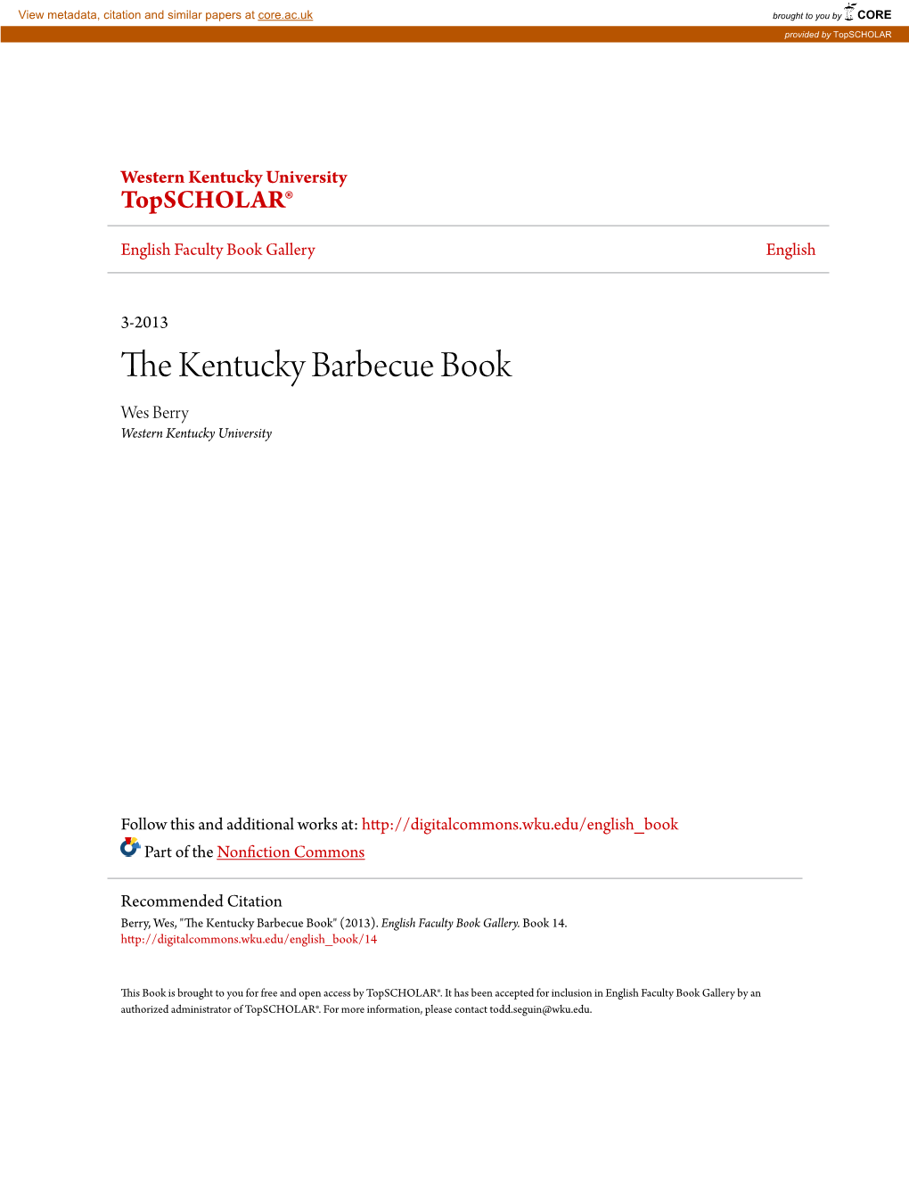 The Kentucky Barbecue Book Wes Berry Western Kentucky University