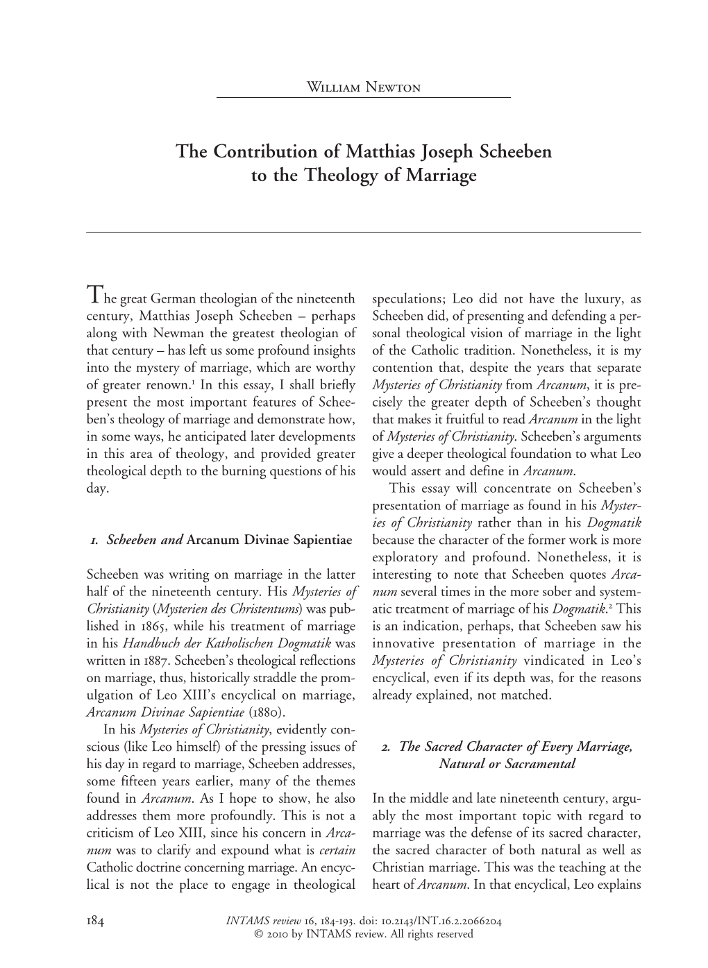 The Contribution of Matthias Joseph Scheeben to the Theology of Marriage