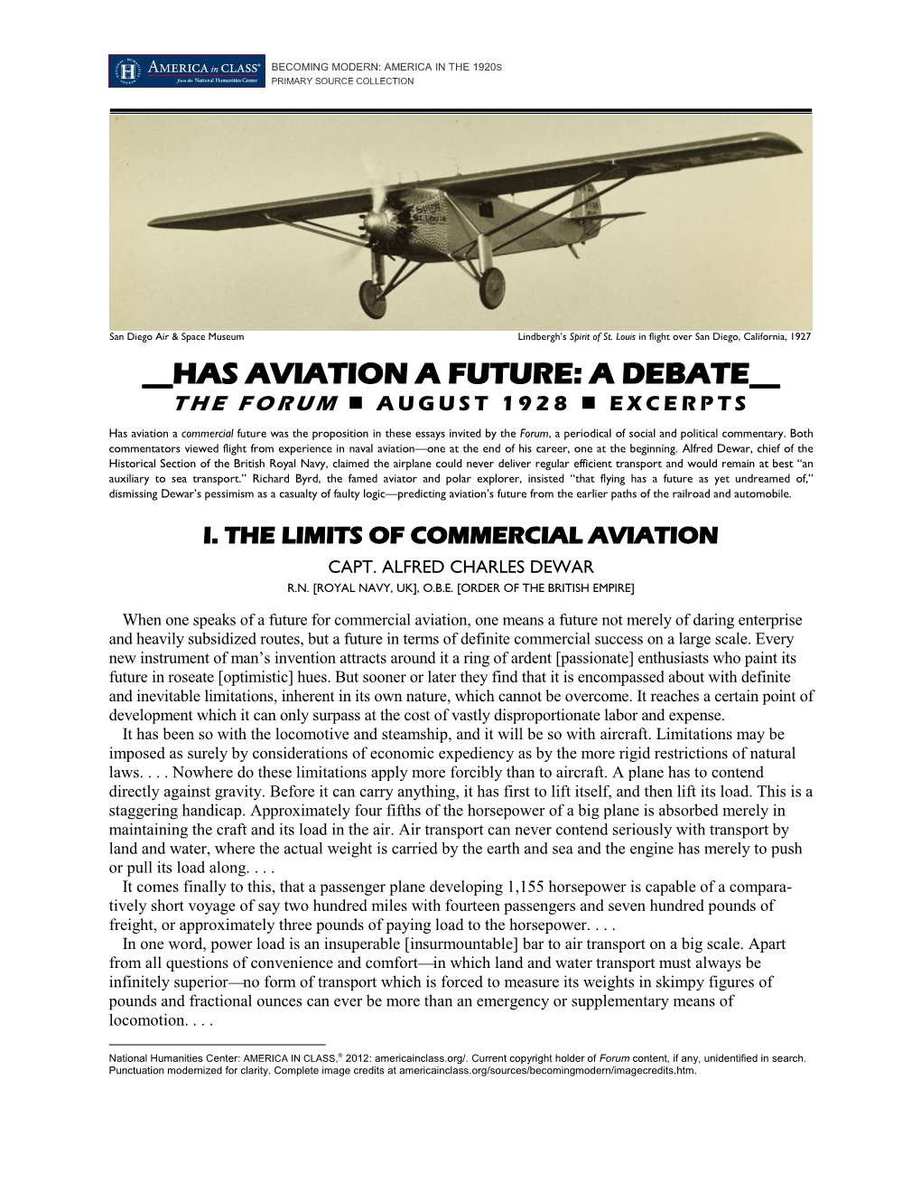 "Has Aviation a Future?" the Forum, August 1928; Richard Byrd And