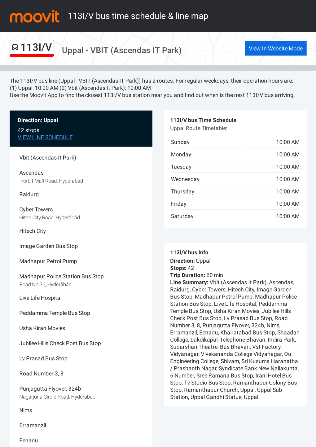 113I/V Bus Time Schedule & Line Route