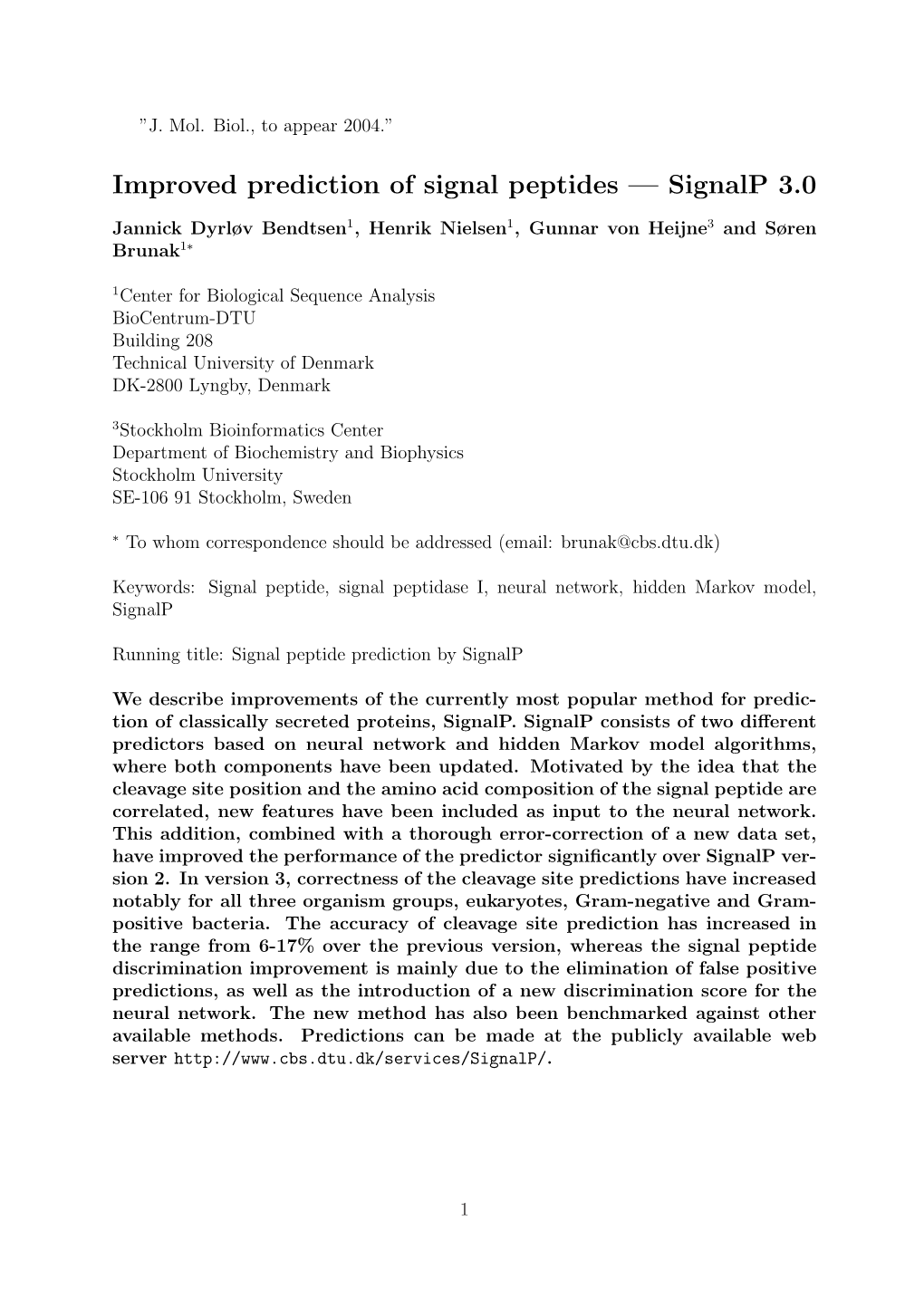 Improved Prediction of Signal Peptides — Signalp 3.0