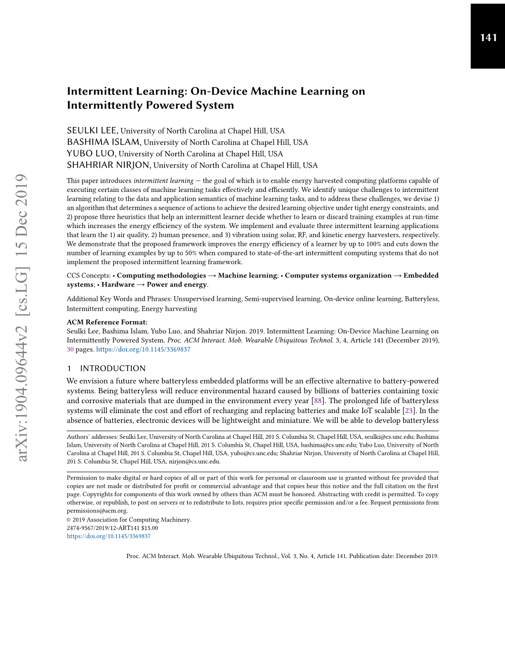 On-Device Machine Learning on Intermittently Powered System